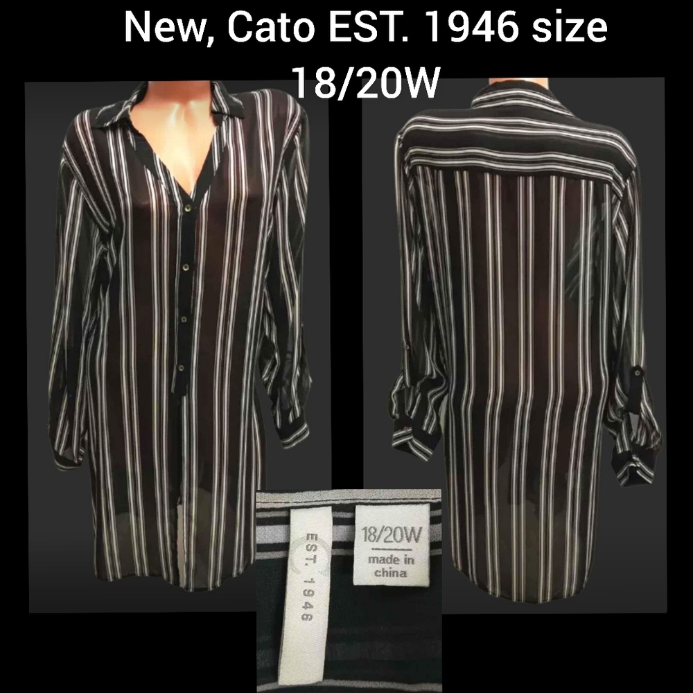 Cato black and white striped sheer button down top size 18/20w